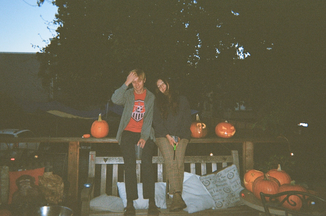 two wolves (co-opers who live at Wolf) sitting on the porch railing at dusk, flanked by jack-o-lanterns